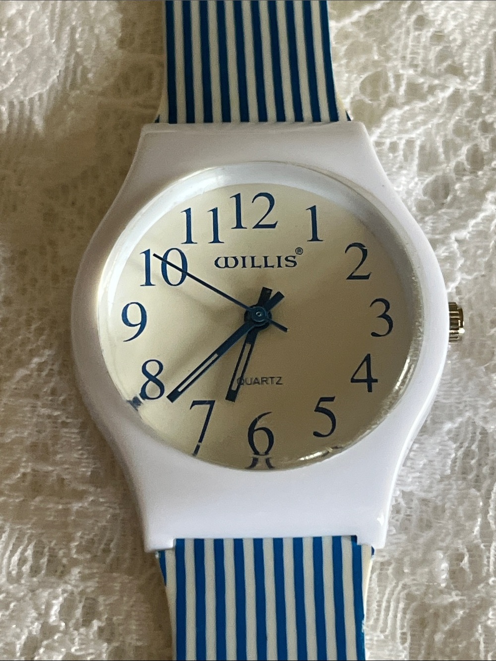 Willis White Watch with Blue Accents and Striped Band